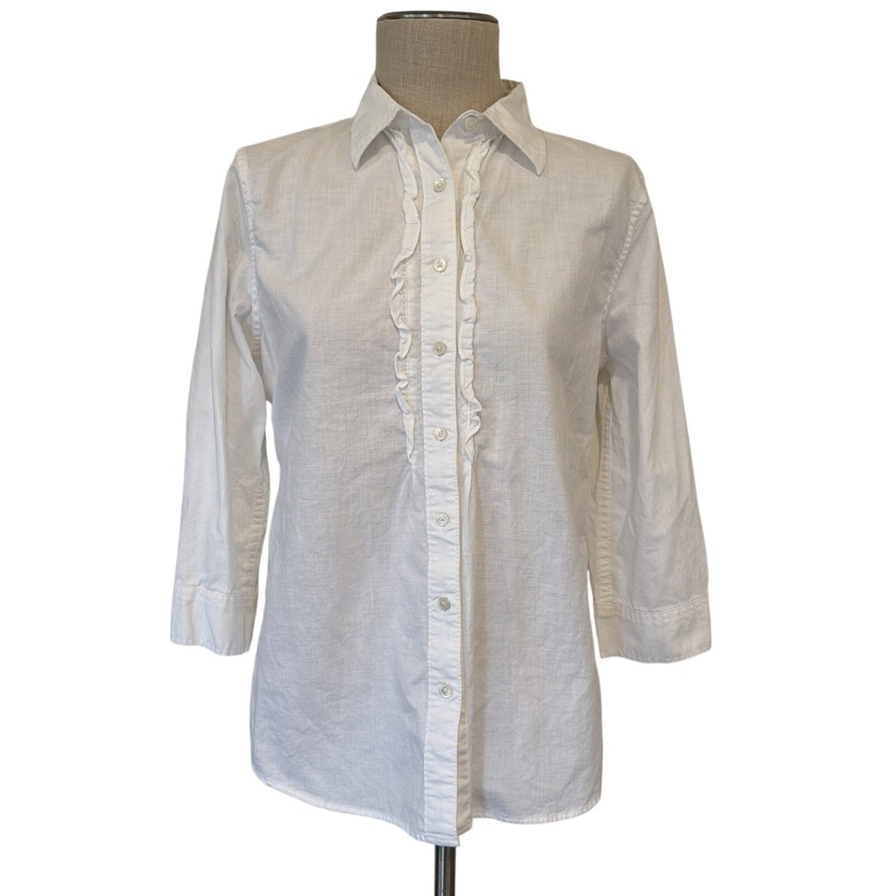Lands End Shirt Womens Small White Ruffle Front 3/4 Sleeve Top Blouse